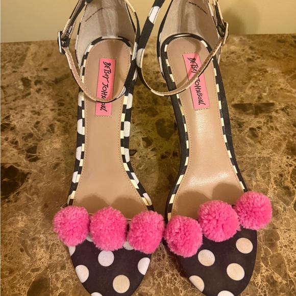 Betsey Johnson Shoes - Betsey Johnson Polka Dot Heels with Pink Pom Poms